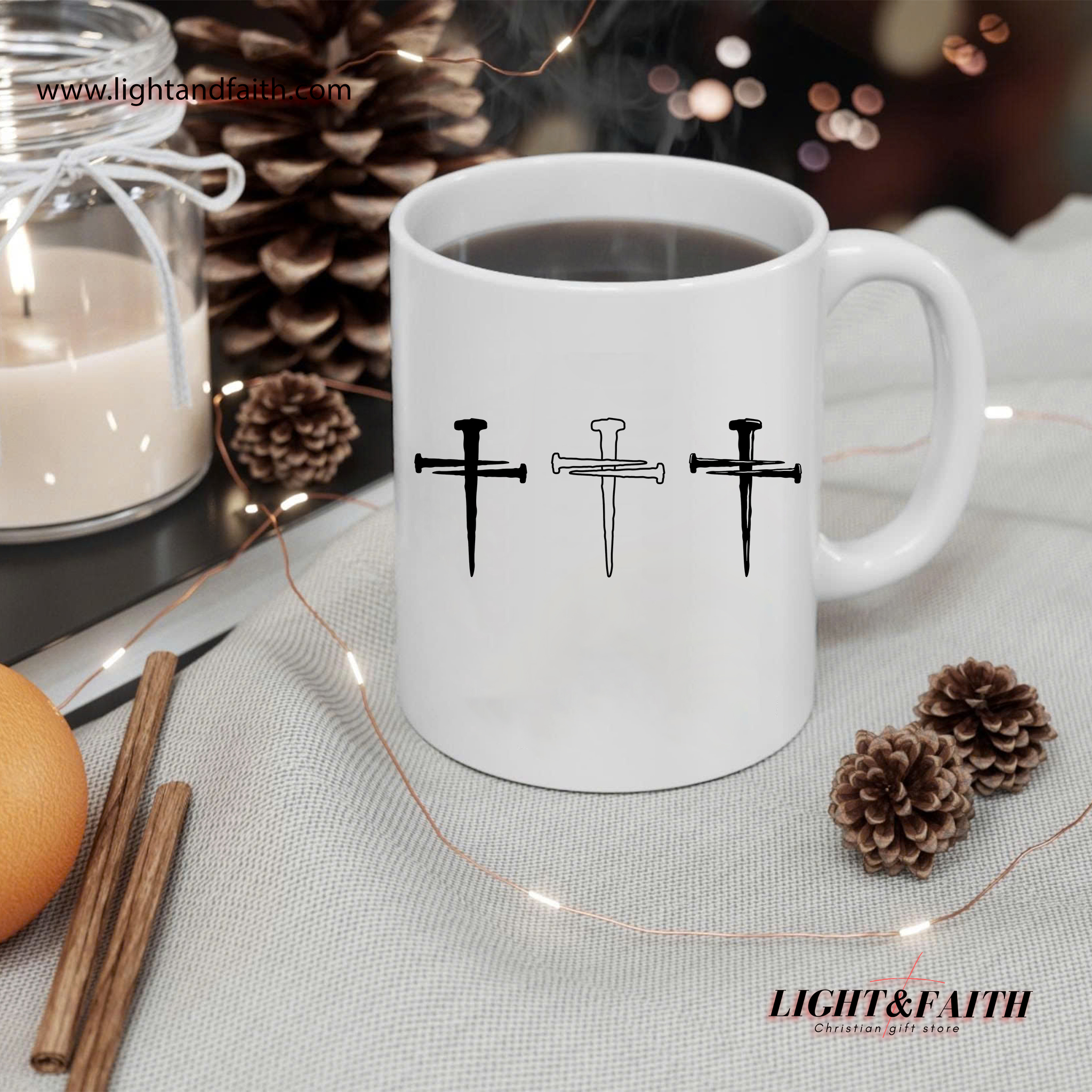 Three Nails Cross Mug – Crucifixion Symbol Christian Mug, Easter Jesus Sacrifice Gift MULAF47